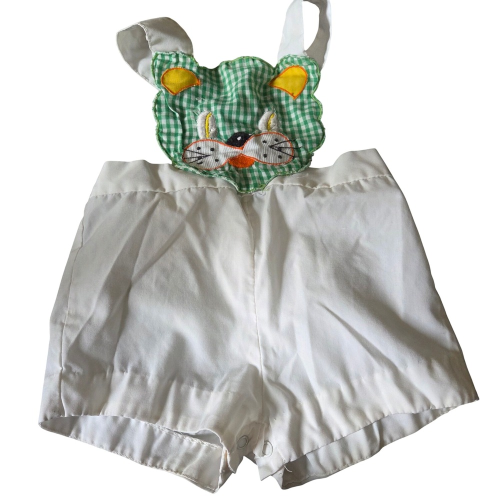 Vintage Green Gingham Cat Face Baby Romper White Shorts 18 Months 8220K